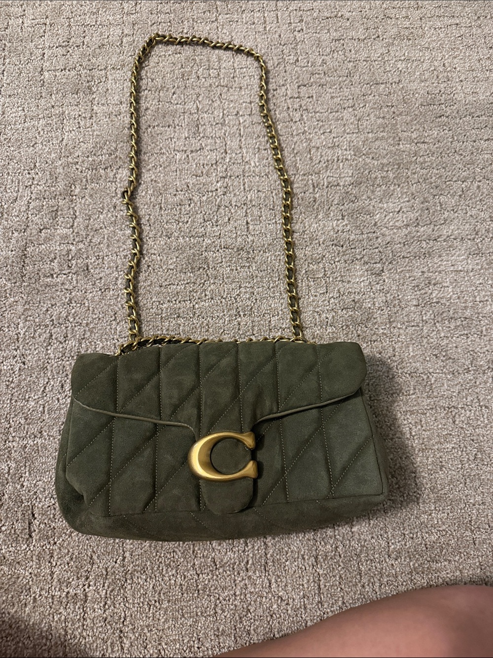 Coach Olive Green Quilted Suede Shoulder Bag with Gold Chain